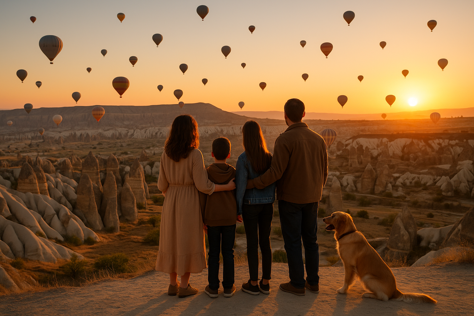 Family watching hot air balloons in Cappadocia’s Love Valley at sunrise with fairy chimneys in the background — family travel Turkey.