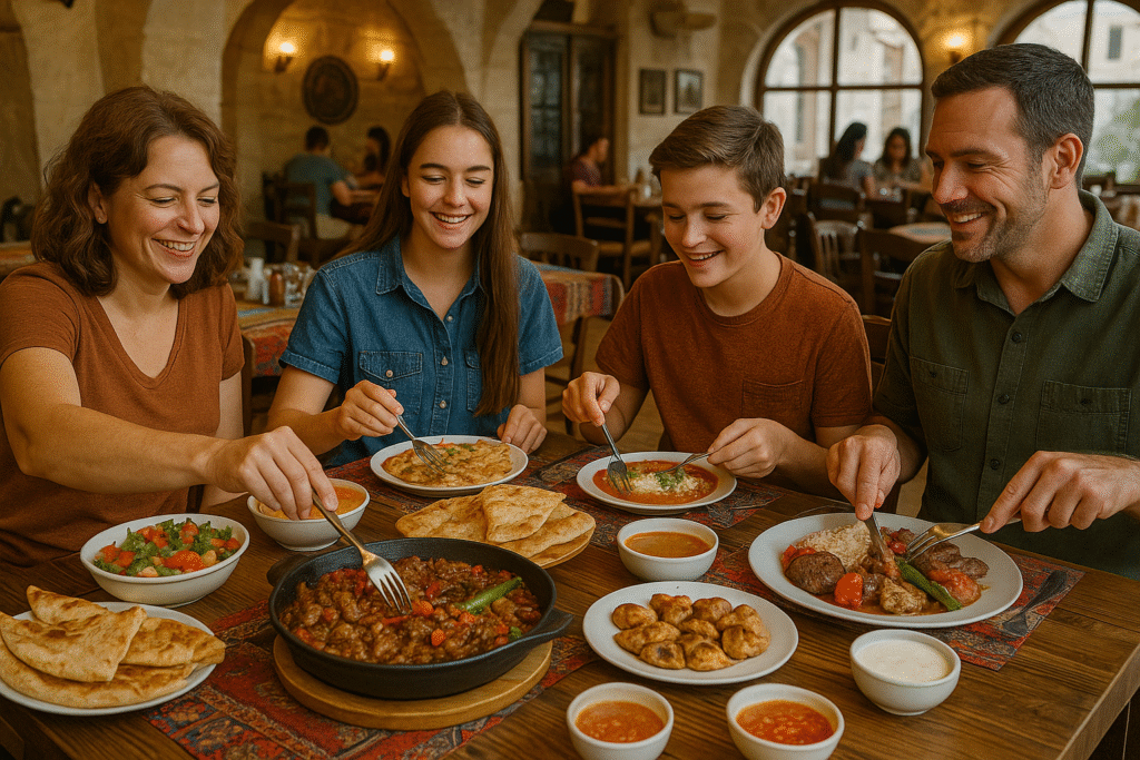 Family enjoying traditional Turkish food in a Cappadocia restaurant — kid-friendly dining in Cappadocia.