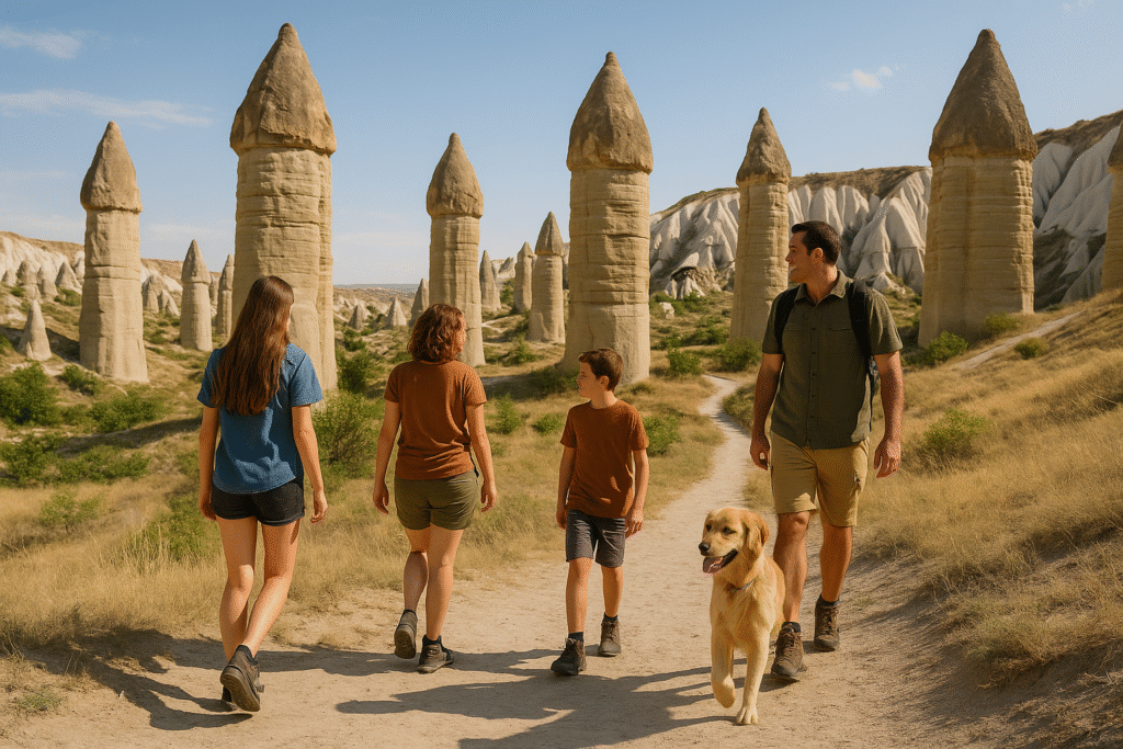 Happy family with teens hiking in Cappadocia’s Love Valley under sunny skies — best hikes in Cappadocia for families.